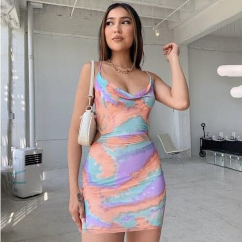 Tie-dye printed high-waist low-cut sexy sling dress women
