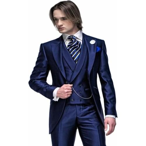 Navy Blue Slim Fit Groom Tuxedos Peak Lapel One Button Groomsmen Mens Wedding Dress Excellent 3Piece Man Suit(Jacket+Pants+Vest)