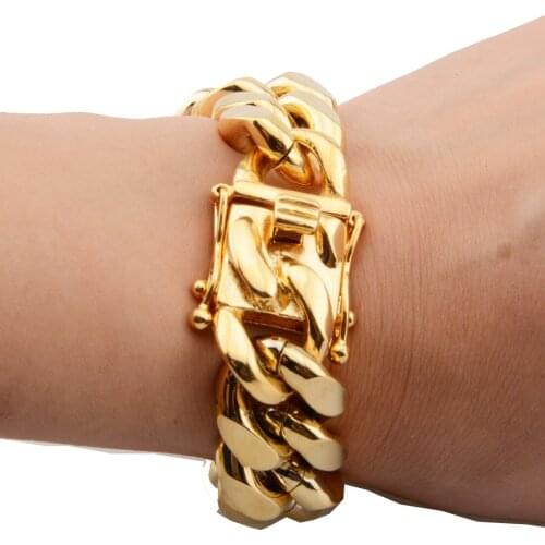 Gold Color Heavy Huge Stainless Steel Miami Curb Cuban Link Chain Bracelet Bangle 8-11 Inches Length For Men 16/18mm