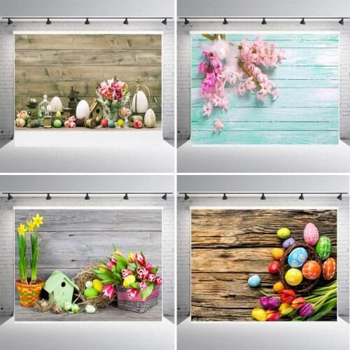 Spring Easter Brown Rustic Wood Backdrop Photography Props Colorful Eggs and Bunny Grassland Flowers Kids Photoshoot Background