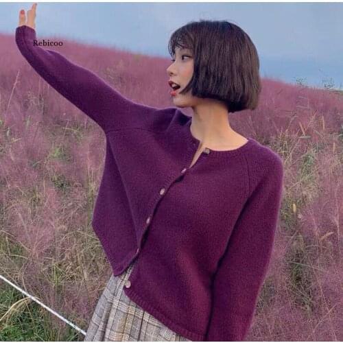 Knitted Cardigan Jacket Womens Short Style Sweater Purple Women Autumn Womens Clothes New Western Style Jacket
