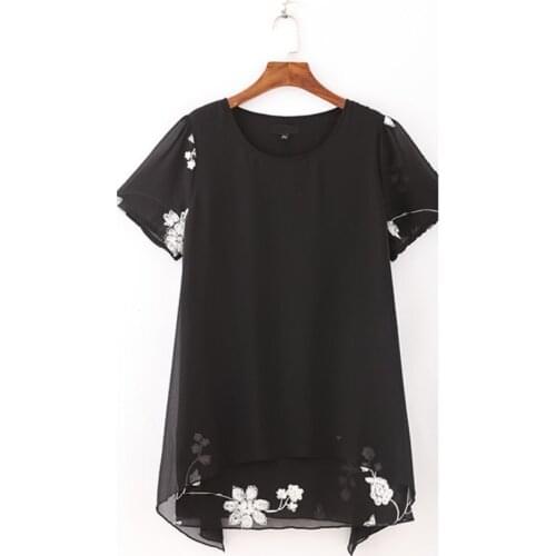 Plus Size 10XL 8XL 6XL 4XL Women Short Sleeves Summer Tshirt Female Black Chiffon Embroidery Long Tee Tops Loose Shirts Feminina