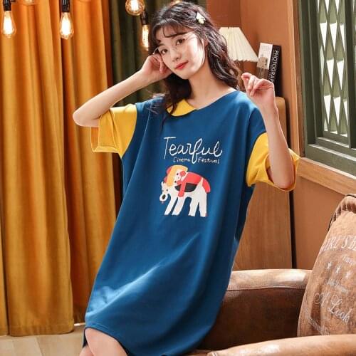 Ladies Night Wear 2021 Summer Short Sleeve Cartoon Cute Sleep Dress Cotton Loose Sleepwear Dress Womens Pajamas Home Clothes