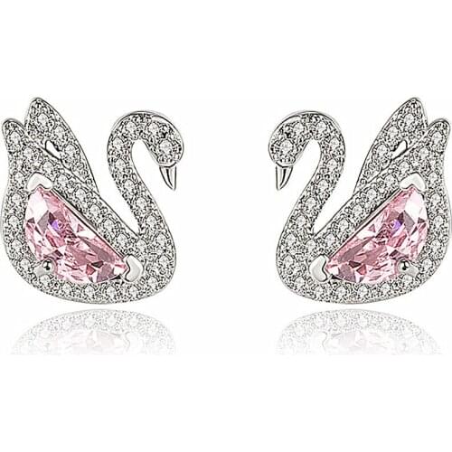 Chic Elegant Swan Pink Crystal Zircon Diamonds Gemstones Stud Earrings For Women Girl White Gold Color Fashion Jewelry Gifts