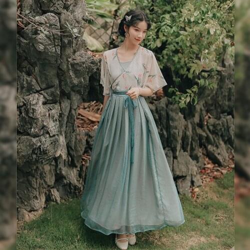 Women Sweet Retro Vestidos Summer Improved Hanfu Ladies Chiffon Printed V-neck Blouse and Brocade Silk Wrinkled Slim Skirt Set