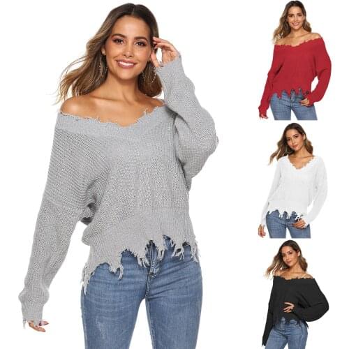 Sweater Women Sexy V-neck Off Shoulder 2019 Loose Casual Long Sleeve Solid Pullover Female Autumn Winter Knitted Sweater Tops