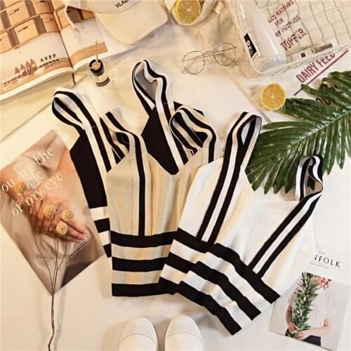 Women Knitting Chic cropped Top Sexy Striped Spaghetti Halter Top Black tank Top 2020 Summer Cotton Woman Crop Tops dropshipping