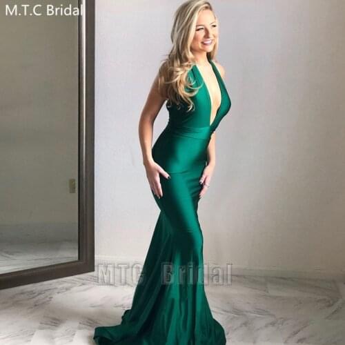 Sexy Backless Green Long Dresses Prom Halter Mermaid Elastic Satin Formal Party Dress Plus Size Graduation Gowns Robe De Soiree