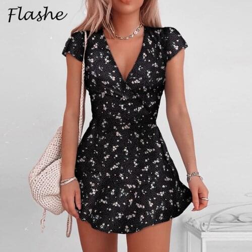 New Summer Dress 2021 V Neck A Line Party Dress Elegant Sexy Floral Print Mini Dresses For Women Casual Dress Beach Style