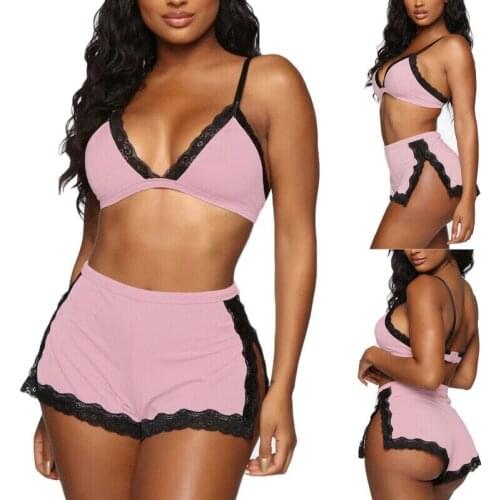 Women Deep V-neck Sexy Lingerie Lace Stain Bra High Waist Split Shorts Set Nightwear Sleepwear Underwear Erotic Sex Costume