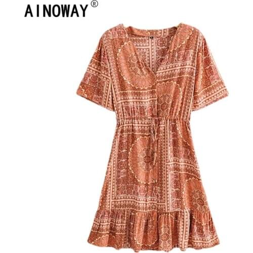 Vintage women floral print V-neck beach Bohemian mini dress ladies short sleeve rayon cotton front botton boho sundress