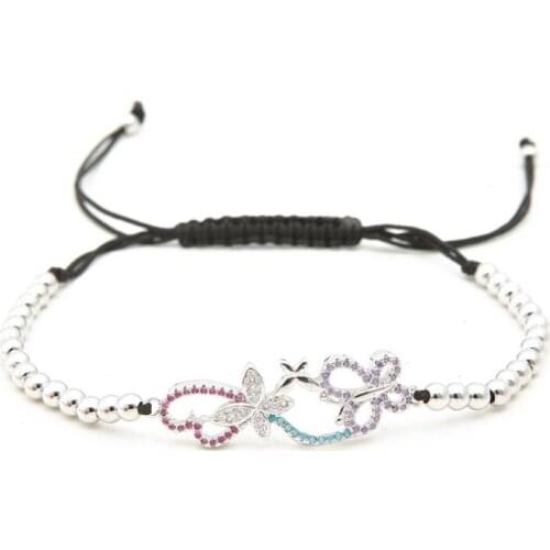 Gold silver micro pave cz Cubic Zirconia rope adjusted Copper Beads Bracelet yf43 butterfly Charm Braided Bangles Jewelry women