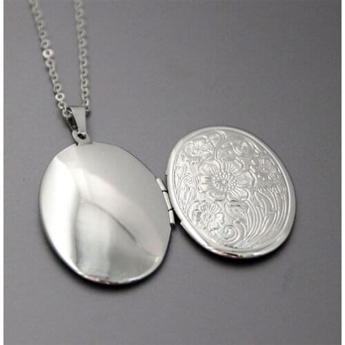 1pc Oval Lotus Photo Frame Pendant Necklace Engraved Flower Charms Locket Necklaces Women Men Memorial Jewelry