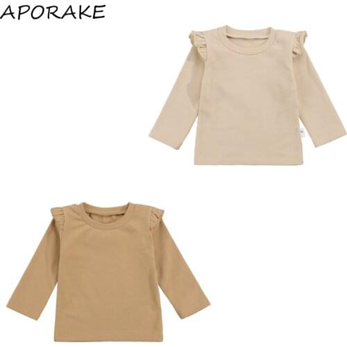 2021 0-3Y Baby Girls Round Neck Tops Blouse Spring Fall Casual Ruffle Long Sleeve Solid Color Ribbed Blouse Cotton Pullovers