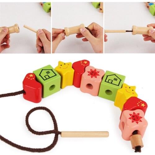 Childrens DIY Wooden Sewing Beaded Intelligence Threading Wooden Rope Toy Creative Button Design Toy