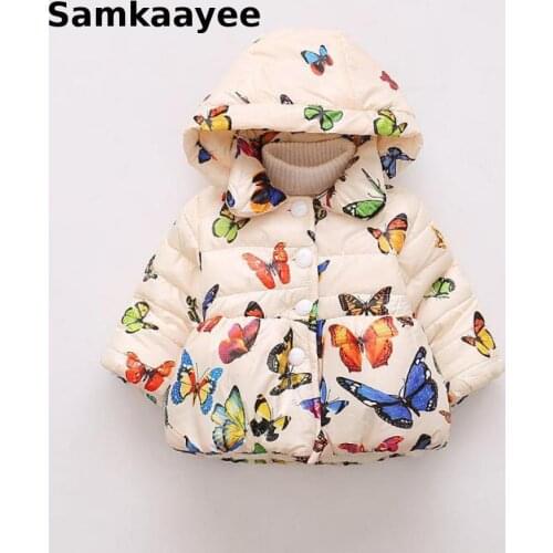 2-5y Children Jacket Kids Coat Winter Baby Girls Hooded Parkas Cotton Long Outerwear Butterfly Print Zipper Warm Clothing Y45