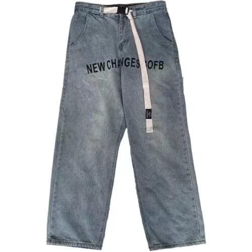 High Street Washed Jeans Man With Belt Popular Logo Print Straight Baggy Daddy Pants Retro Wide Leg Pants