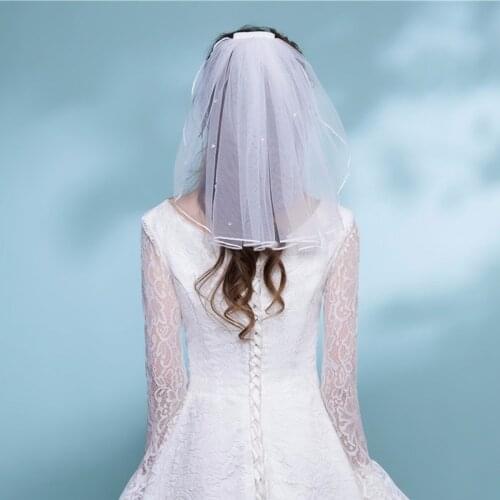 Womens Short Tulle Bridal Veil Wedding Veil with Comb Crystal Ribbon Edge for Bride Flower Girl Wedding Party Photography(White)