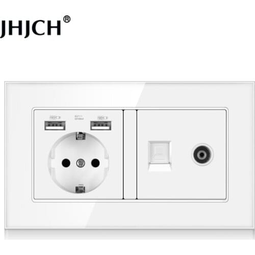 JHJCH EU standard wall socket + TV Tel, tempered glass rj45 cat6 wall connector + computer internet jack 146*86mm