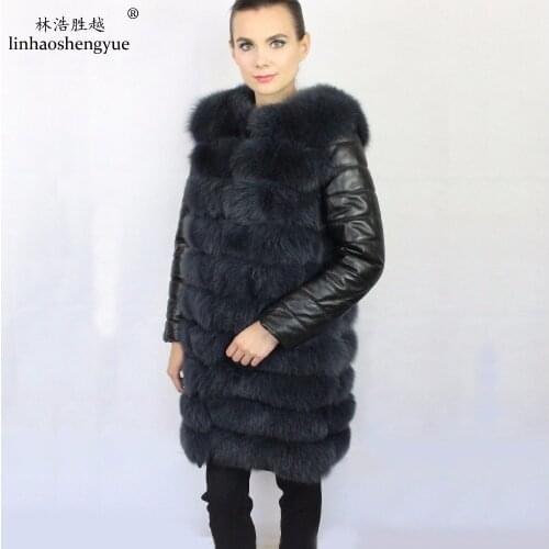 Linhaoshengyue 2017 HOT Selling 100% Fox Fur Women Coat with Leather Sleeves Warm Fashion Detachable Sleeves