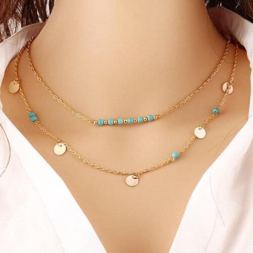 Hot Bohemian Charm Gold Sliver Necklace For Women Coin Bead Chain Multilayer Necklace Pendant Boho Jewelry Collares