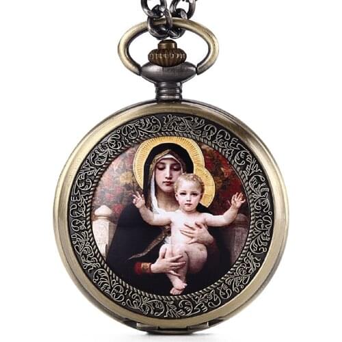 2020 New Arrival Antique Virgin Mary Mother And Son Photo Quartz Pocket Watch Necklace Fob Chain For Men Gifts Relogio De Bolso