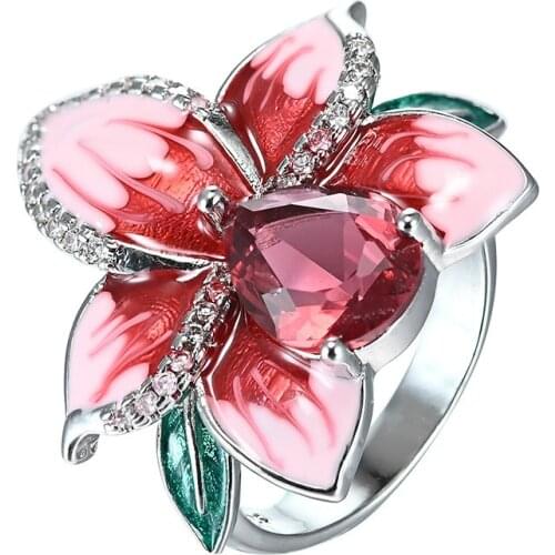 New Fashion Jewelry Peach Blossom Lotus Silver Rings for Women Pink Enamel Crystal Elegant Wedding Engagement Party Finger Rings