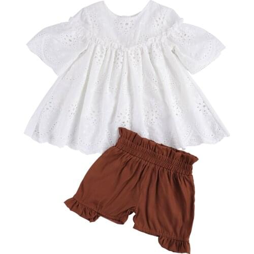 1-6Y Summer Lovely Baby Girls Clothes Sets Short Sleeve Lace Flowers T Shirts Tops Solid Shorts 2pcs