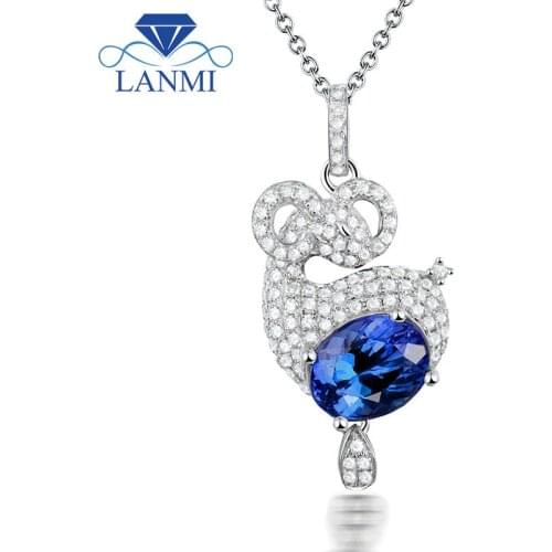 Sheep Shape Solid 18k White Gold Natural Tanzanite Pendants Necklace Oval 7x9mm Genuine Diamond Gesmtone JewelryFor Girl Gift