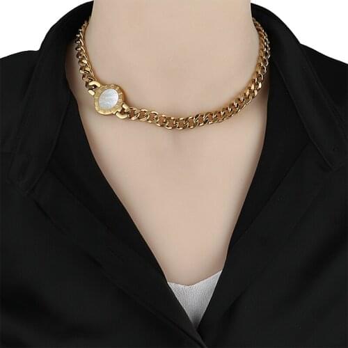 Euramerican Stainless Steel Necklace Zircon Thick Chain Choker Necklace Men Punk Roman Numerals Necklaces For Women Jewelry