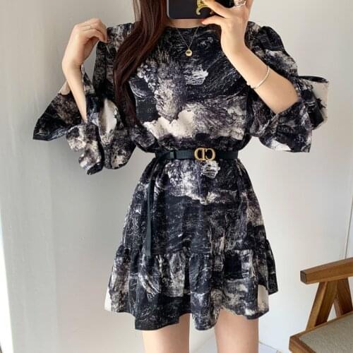 Dress for Women Spring Autumn Dresses Women Long Sleeve Sexy Slim 2021 Party Dress Vintage A-Line Lantern Sleeve Pringting
