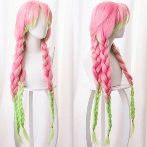 Slayer Kanroji Mitsuri Cosplay Long Ponytail Gradient Pink Green Three Braids Hair Halloween