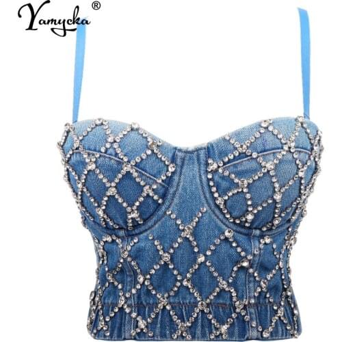 Sexy Denim Rhinestone corset crop top women summer halter bustier Party tank y2k top Push Up bra night club Cropped womens tops