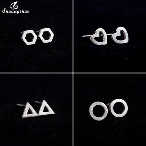 Shuangshuo 925 SterlIng Silver Earrings Simple Creative Hollow Round Triangle Heart Stud Earrings for Women Geometric Jewelry