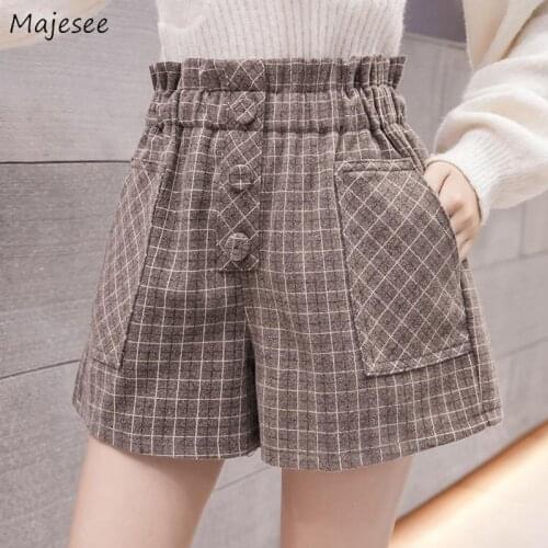 Shorts Women Straight Plaid Elastic Waist Korean Style Students Daily Elegant Vintage Design Simple High Street Fashion Tender