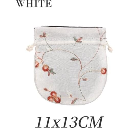 White Brocade Flower Embroidery Drawstring Jewelry Storage Bags For Femal Ring Earring Pendent Bracelet Jewellery Organizers