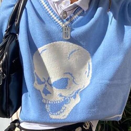 Striped Skulls Pattern Oversize Blue Sweater Women Autumn 2020 Streetwear E-Girl V Neck Pullover Y2K Tops Knitwear female jumper