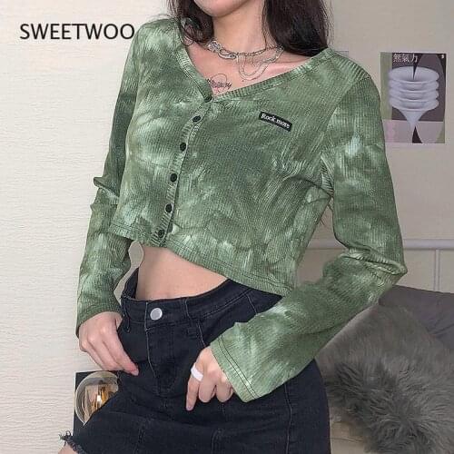 Crop Top For Women Autumn Rib Knitted Harajuku Tshirt Woman Casual Buttons Cardigan Top Clothes