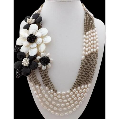 Y·YING 25" 6 Strands White Rice Pearl Onyx Shell Flower Statement Necklace