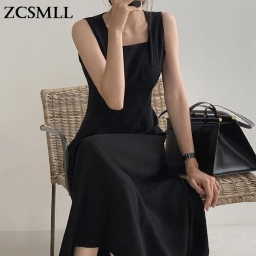 ZCSMLL Korea chic minimalism slimming square collar dres slim waist waist dress vintage black vestido women 2021 tide