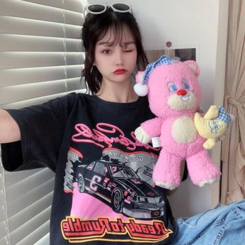 New summer college style car cartoon print shirt mid-length loose short-sleeved cotton t-shirt women