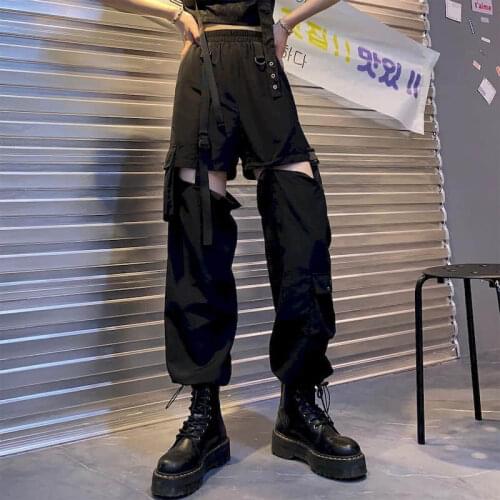 Women Pants Jogges 2021 Summer Black High Waist Korean Female Loose Casual Detachable Straight Leg Cargo Long Pants Woman