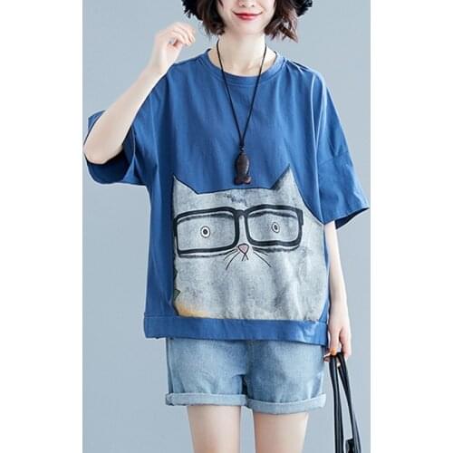 Oversized Women Cotton Casual T-shirts New Arrival 2021 Summer Simple Style O-neck Cartoon Print Loose Female Tops Tees B021