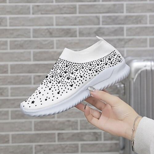 Womens Ankle Shoes Flat Loafers Crystal Fashion Bling Sneakers Ladies Slip On Breathable Female Running Shoes Big Size 43
