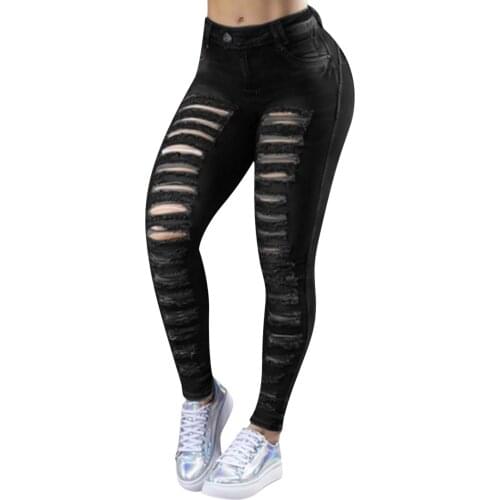 Women Fashion Jeans Casual Jeans Slim Fit Female Female Fringe Jeans Solid Color Hellow Personalized Hole stripe Ladies Pants