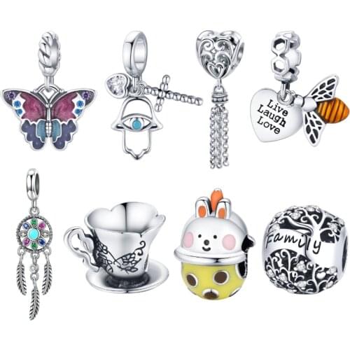 BISAER 925 Sterling Silver Rabbit Milk Cup Butterfly Bee Charms Bead For Women Fit Original Charms Bracelet DIY Jewelry EFC495