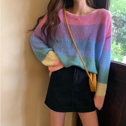 Harteen Autumn Winter Korean Striped Pullover Loose Rainbow Gradient Color Striped Sweater Fashionable Long Sleeve Women Clothes