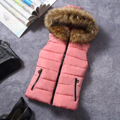 Female Winter Cotton Vest Girl Thick Warm Sleeveless Coat Pink Clothing Hooded Faux Fur Women Casual Quilted Jacket Plus Size