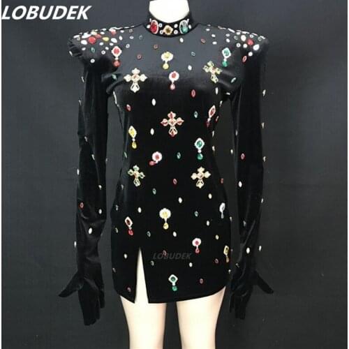 Bar Leading Dancer Team Jazz Costume Multi-color Rhinestones Black Velvet Slit Mini Short Dress Women Birthday Prom Sexy Outfits