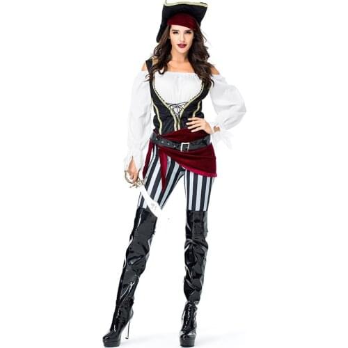 Adult Women Pirate Fancy Dress Halloween Party Hen Party Pirate Captain Buccaneer Caribbean Ladies Fantasia Costume